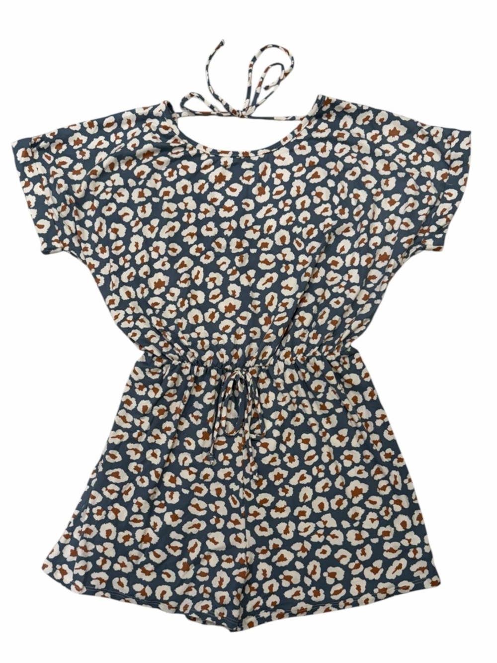 NWT Blue Leopard Romper Large Boho Beach Cinched Waist Open Back With Tie - Picture 5 of 7